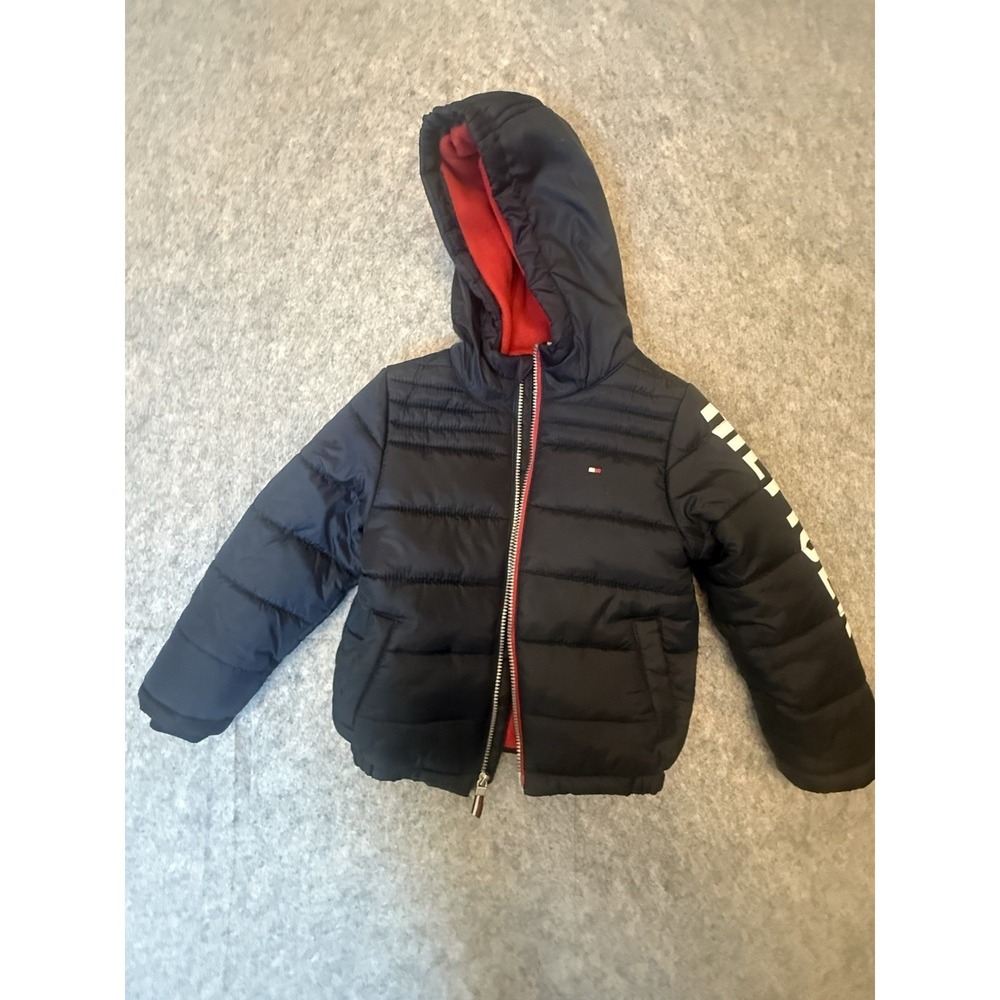 Tommy Hilfiger Boys Size 5 Puffer Jacket Navy Hooded Red Fleece Logo Sleeve